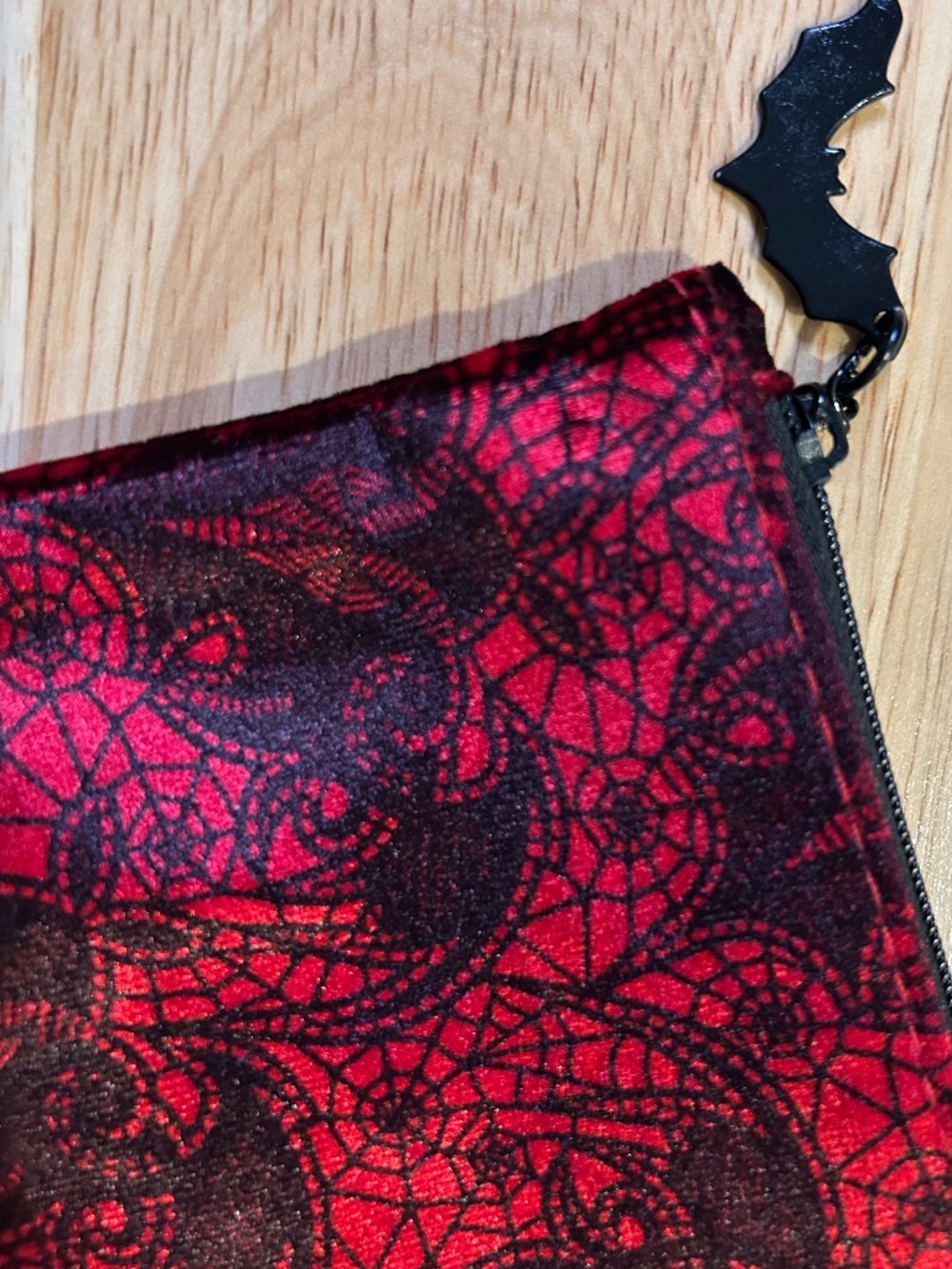 IPSY Red/Black Bat Spiderweb Makeup Bag Pouch, Zipper Closure, 7x5 in